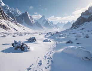 Frozen landscape, swirling snow, icy mountains,  blizzard,  tranquil,  snowy