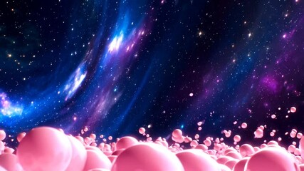Celestial Spheres: A cosmic panorama unfolds, with vibrant pink spheres floating in the foreground as a mesmerizing galaxy swirls above, creating a captivating and surreal space scape. - Powered by Adobe