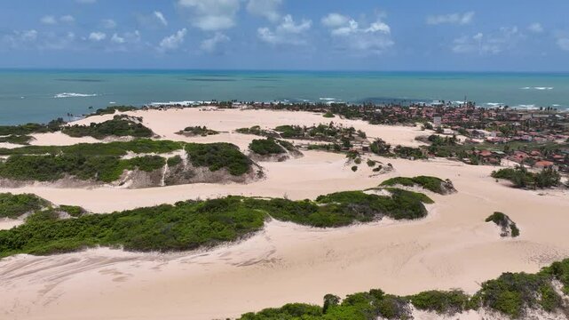 Genipabu Beach In Natal Rio Grande Do Norte Brazil. Bird Eye View Of A Amazing Coastal Beach In The Summer Holiday. Coast Clouds Sky Seaside Summertime. Coast Panning Wide. Natal Rio Grande do Norte.
