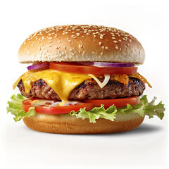 Delicious cheeseburger with sesame bun tomato onion and lettuce close up shot