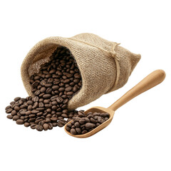 Roasted Coffee Beans Nestled in Burlap Sack Isolated for Coffee Promotions.
