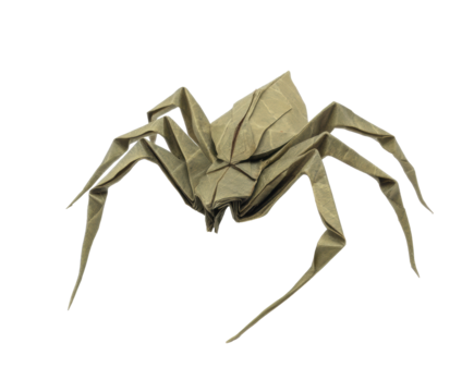 Origami spider crafted from green paper for creative projects, cut out transparent
