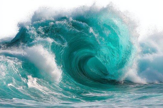 Vibrant turquoise wave crashing with force against the shore during bright daylight