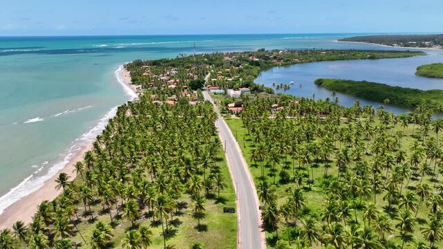 Coastal Road In Japaratinga Alagoas Brazil. Urban Life Landscape Of Freeway Road Connecting City Streets. Countryside Dramatic Clouds Rural Field. Countryside Panning Wide. Japaratinga Alagoas.
