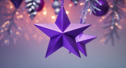 Obraz premium Festive Purple Stars. Christmas and New Year Decorations with Bokeh Background.