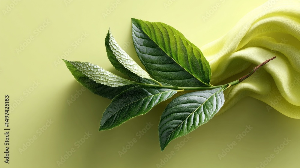Poster a vibrant arrangement of fresh green leaves rests on a soft lime green fabric backdrop. the leaves d
