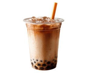Iced bubble tea with tapioca in a clear cup, cut out transparent