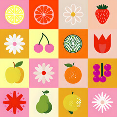 Colorful Flat Vector Icon Grid Featuring Fruits and Flowers on Vibrant Backgrounds

