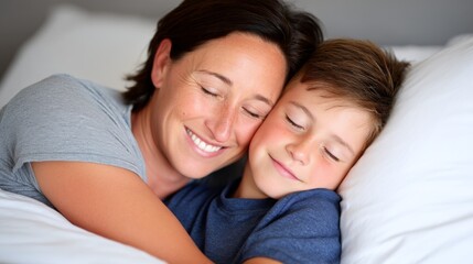 Fototapeta premium Woman and young boy sharing a joyful, close embrace on a bed with smiles