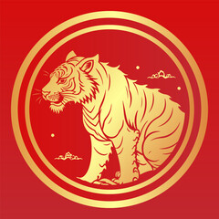 Golden Tiger Illustration - Chinese New Year Symbol in Traditional Frame. Asian Dragon Emblem on Red.