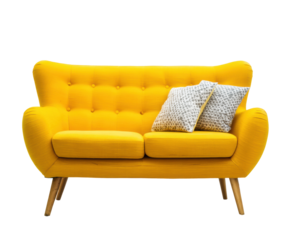 Bright yellow sofa with patterned cushions for modern decor, cut out transparent