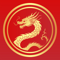 Golden Dragon Illustration - Chinese New Year Symbol in Traditional Frame. Asian Dragon Emblem on Red.