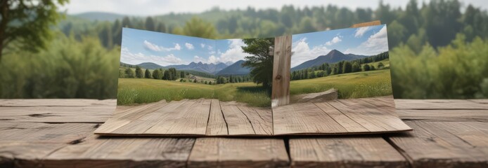 Open landscape booklet mockup on weathered wood, soft focus nature backdrop, spread, photography, nature