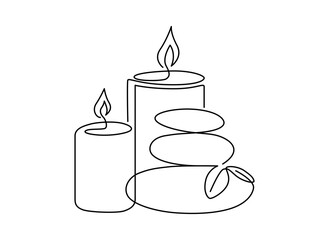 Burning candles and massage stones line drawing. Hand-drawn spa line art. Hand drawn vector illustration with editable stroke. Isolated on transparent background.
