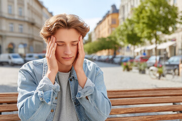 Young man sitting on a bench outdoors, holding his head in discomfort, surrounded by a sunny urban environment, illustrating the effects of extreme heat on individuals