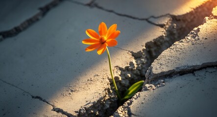 Orange Flower Emerging from Cracked Concrete. A Symbol of Resilience and Hope.
