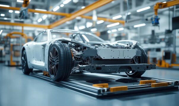 Technician Activates Futuristic Automotive Factory, Warehouse Construction of Robotic Arms and Vehicle Frames. Advanced Manufacturing Visualization Digital Twin Technology and Smart Production System