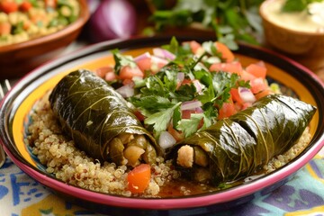 Stuffed grape leaves on quinoa with fresh tomato salad