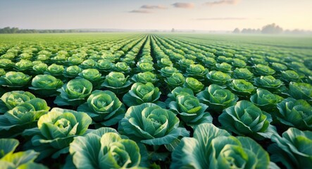 Fototapeta premium Endless Rows of Fresh Cabbage in a Vast Agricultural Field at Sunrise, Serene Scene.