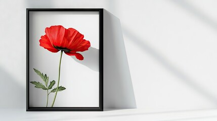 Tomato red framed artwork leaning against a minimal white wall