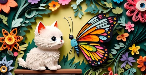 A white cuty cat in front of a colorful butterfly and the fresh garden in quilling paper style
