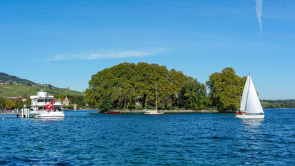 Obraz premium Un voilier et un bateau de croisière sur les rives du lac de Genève à Rolle en Suisse