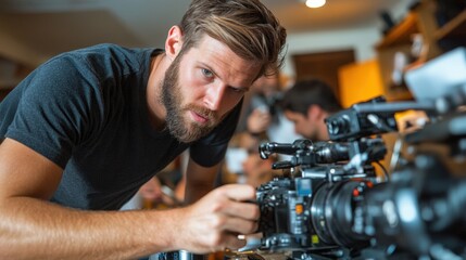 Photographer adjusting camera equipment in a busy studio during a creative workshop