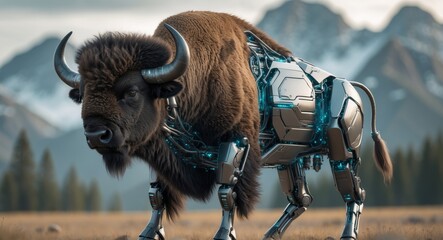 Cybernetic Bison Roaming the Plains, a Fusion of Nature and Technology Metallic Beast.