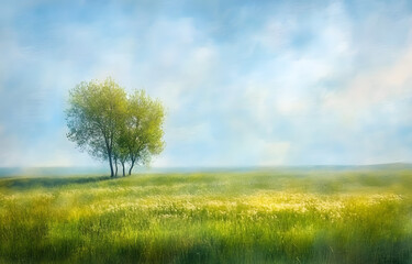 Fototapeta premium Impressionist spring landscape with blurred green grass meadow trees blue sky sunny day