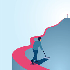 A man makes his own way to the flag. A metaphorical illustration for shortcuts, strategies and the quickest way.