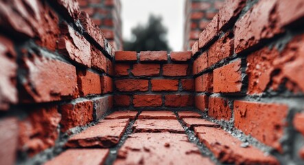Perspective View of Red Brick Wall and Floor Tunnel Leading to Blurred Background