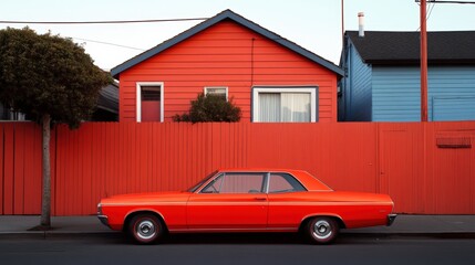Fototapeta premium Classic orange car parked by colorful houses in a vibrant neighborhood on a sunny day