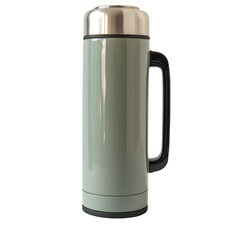 Olive green stainless steel thermos with black handle and polished silver lid, insulated travel bottle, modern sleek design, transparent background