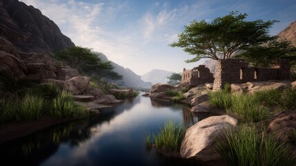 Fototapeta premium Serene Mountain River Scene with Ancient Stone Ruins and Lush Greenery
