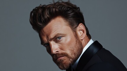 Fototapeta premium Handsome man with styled hair poses confidently against a neutral background