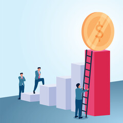 A man leaning a ladder towards the top of the money. A metaphorical illustration for shortcuts, strategies and the quickest way.