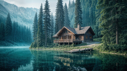 Fototapeta premium Cozy Wooden Cabin by Mountain Lake Surrounded by Pine Forest 