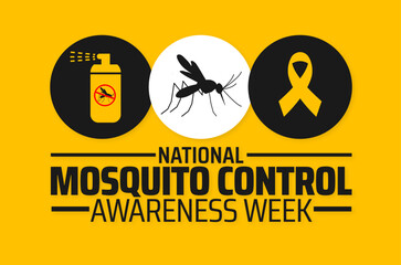National Mosquito Control Awareness Week background banner or poster design template. Mosquito Control Awareness Week Banner. Flat Design Illustration of a Mosquito for Public Health Campaigns.