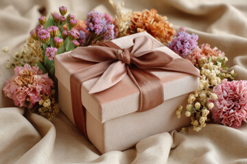 Gift box wrapped in textured orange fabric with a large bow, accompanied by a vase of dried flowers, creating a warm and inviting atmosphere for celebrations and special occasions