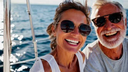 happy senior couple sailing and drinking wine on yacht - Powered by Adobe