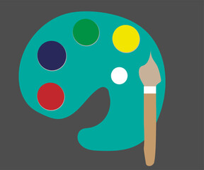 Palette with brush icon. Supplies for the artist and creative person. Skill development for children, drawing lessons. Cartoon flat vector illustration
