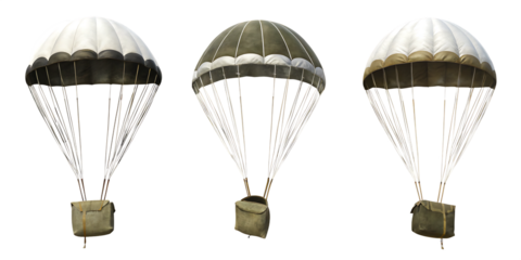 Three vintage parachutes isolated on a white background