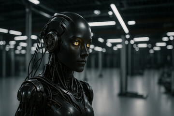 AI Robot in Dark Industrial Lab &ndash; 3D Concept Art