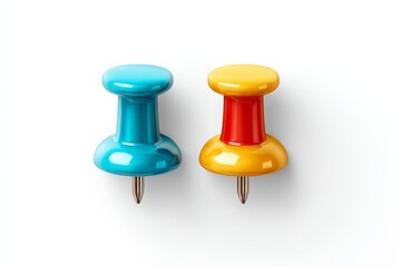 Two colorful push pins in blue and yellow lean against a white surface, showcasing vibrant office supplies for organization