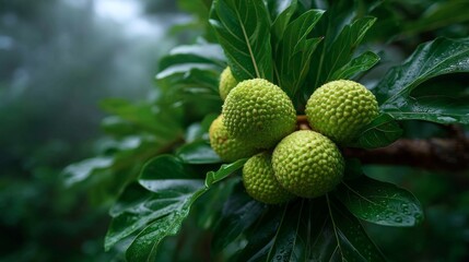 Clusters of green breadfruit hang from broad branches, surrounded by vibrant leaves in a dense, tropical landscape. Dew can be seen clinging to the foliage in the morning light.