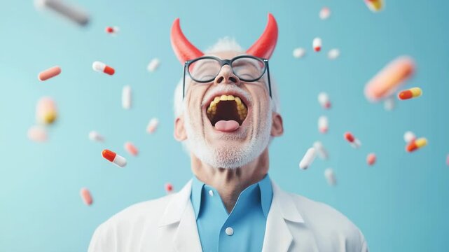 Devil's medicine, the pharmaceuticals of deception. Laughing doctor with red devil's horns and falling pile of pills.