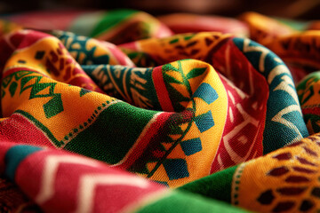Colorful fabric arranged in a rose shape, showcasing vibrant patterns and textures, symbolizing cultural heritage and celebration during significant events like Black History Month and Kwanzaa