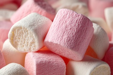 Colorful marshmallows in a close-up display showcasing pink and white textures and shapes
