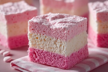 Delicious pink and white layered marshmallow dessert served on a pink napkin in a light setting