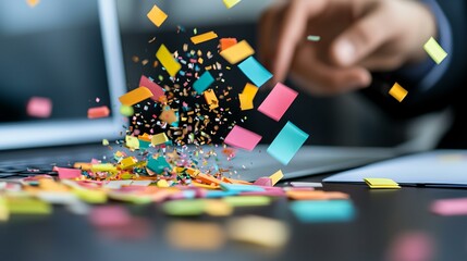 A corporate office scene showing a user at a desk clearing desktop clutter, collapsing files into a recycle icon on a high-resolution widescreen monitor